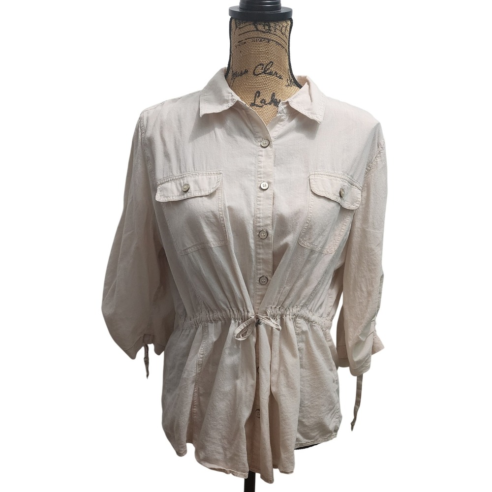 Chico's Women's Beige Button Down 3/4 Sleeve‎ Top Cinched Waist Career Casual